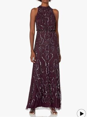 Adrianna Papell Plum Beaded High-Neck Maxi Gown